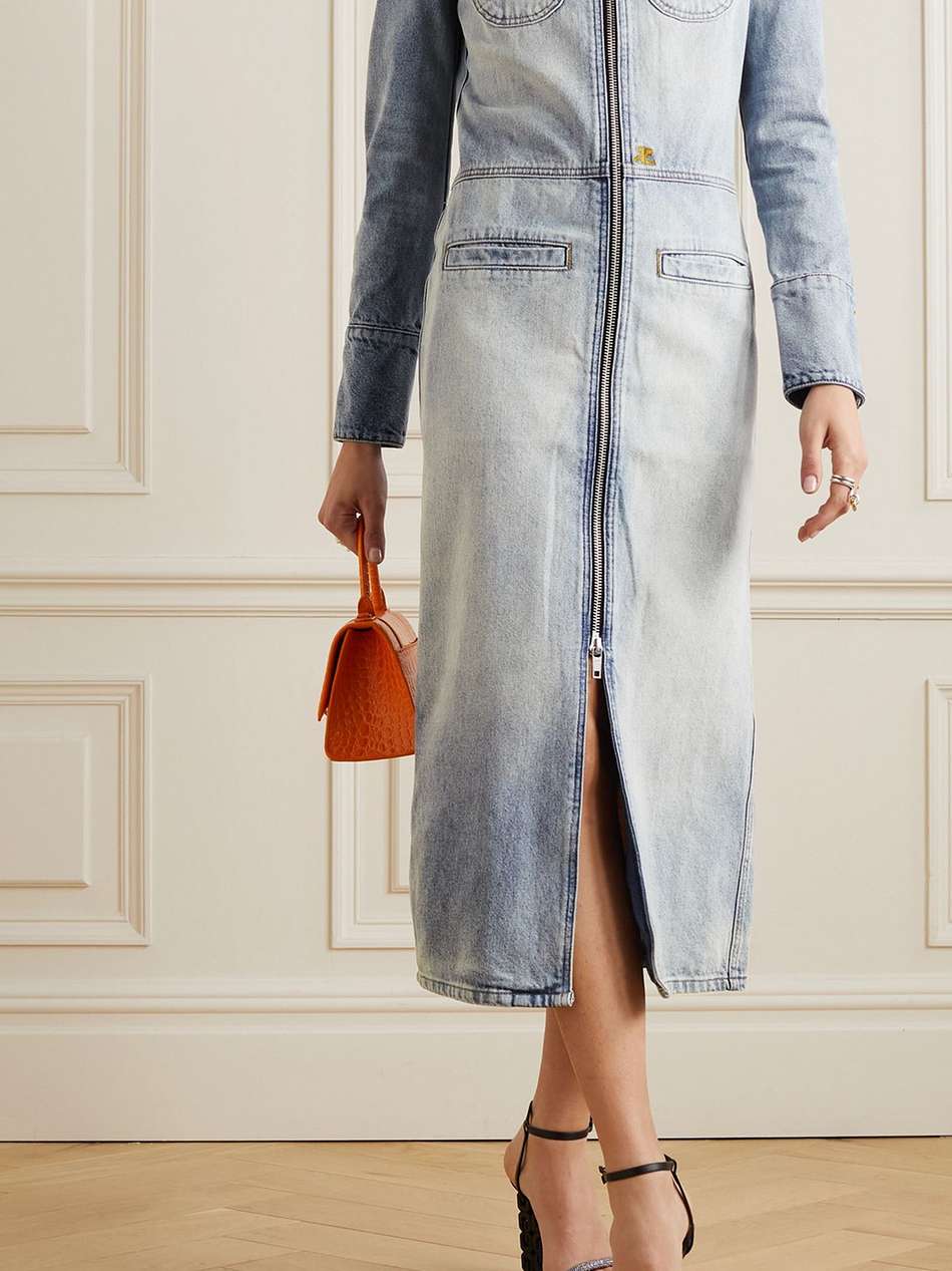 embroidered denim midi dress