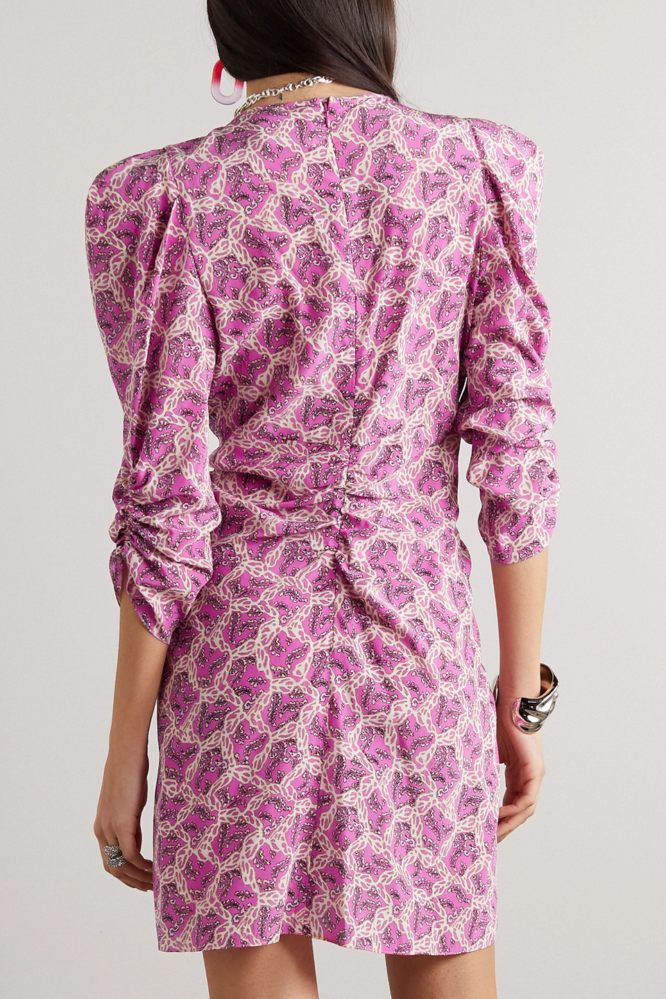 Isabel Marant Aliniza Ruched Printed Silk-blend Crepe Mini Dress In Pink