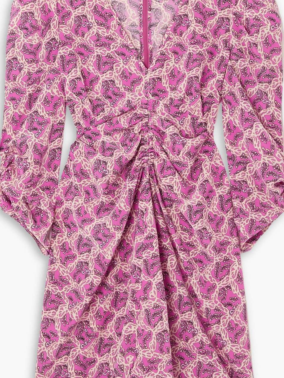 aliniza ruched printed silk-blend crepe mini dress