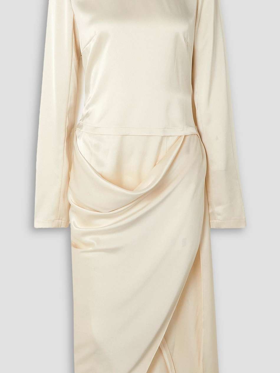 asymmetric draped satin midi dress