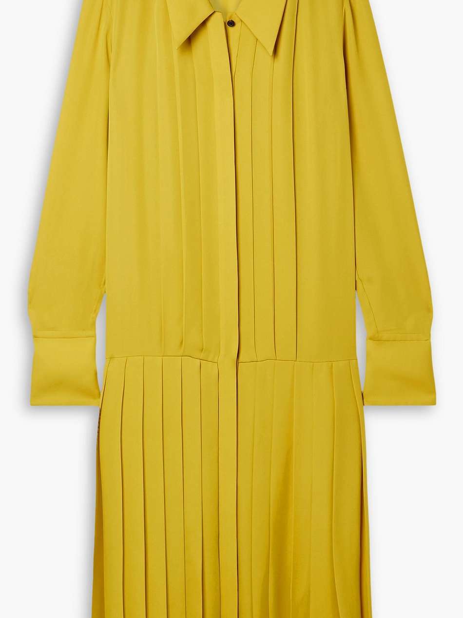 helli pleated silk crepe de chine midi shirt dress