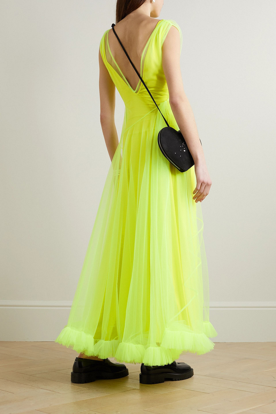 MOLLY GODDARD UMI GATHERED NEON STRETCH-TULLE MAXI DRESS
