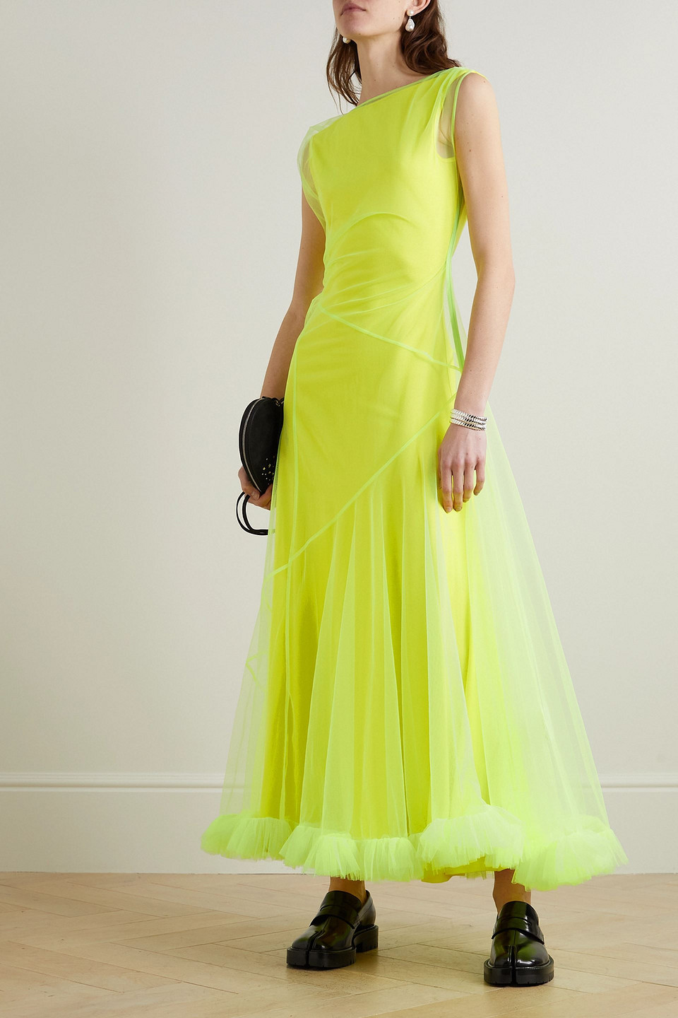 MOLLY GODDARD UMI GATHERED NEON STRETCH-TULLE MAXI DRESS