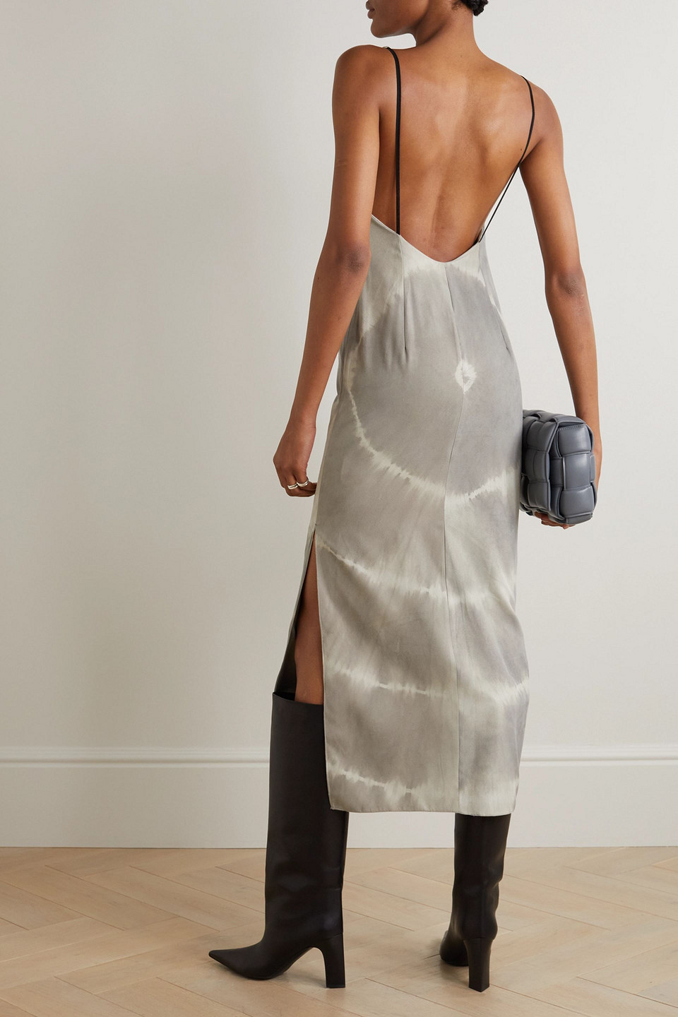 Conner Ives Open-back Tie-dyed Faux Suede Midi Dress In Taupe
