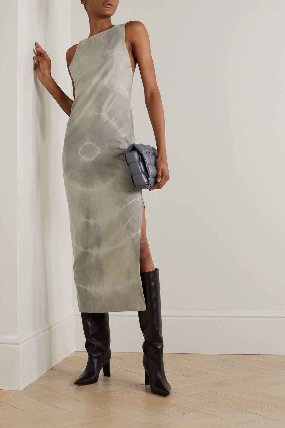 Conner Ives Open-back Tie-dyed Faux Suede Midi Dress In Taupe