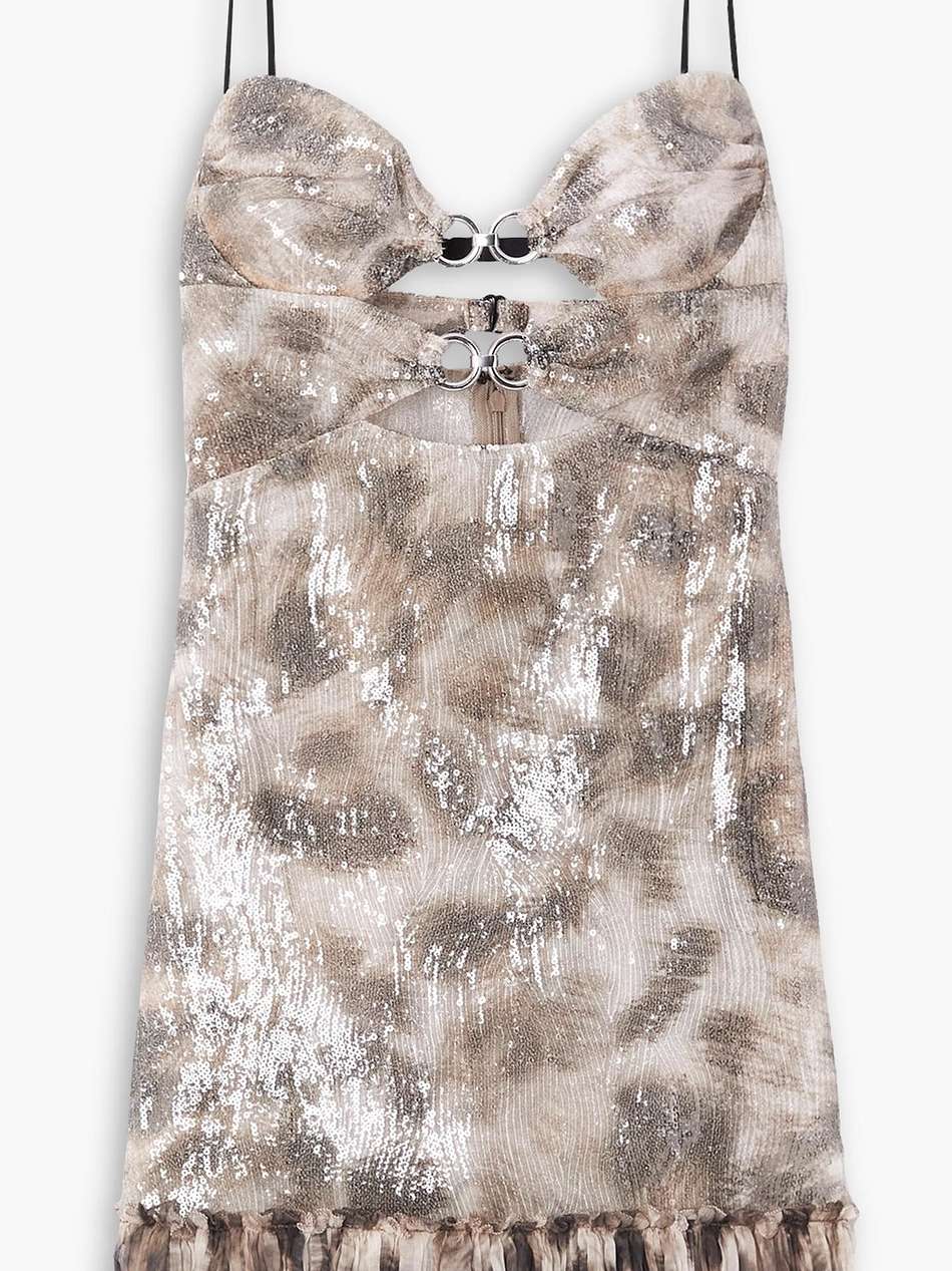 leopard-print silk chiffon-paneled sequined tulle mini dress