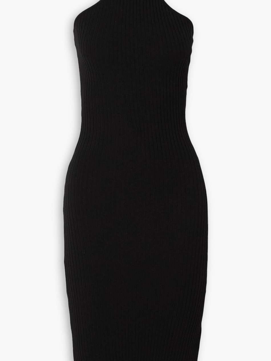 embellished faux leather-trimmed ribbed-knit halterneck midi dress