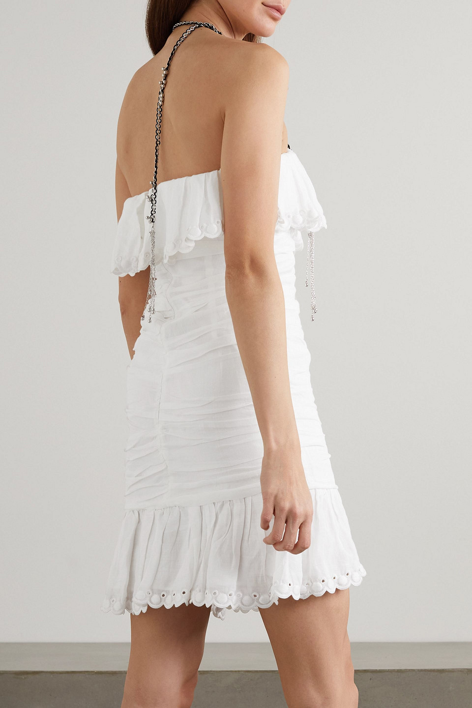 ISABEL MARANT OXANI STRAPLESS ASYMMETRIC BRODERIE ANGLAISE RAMIE MINI DRESS 