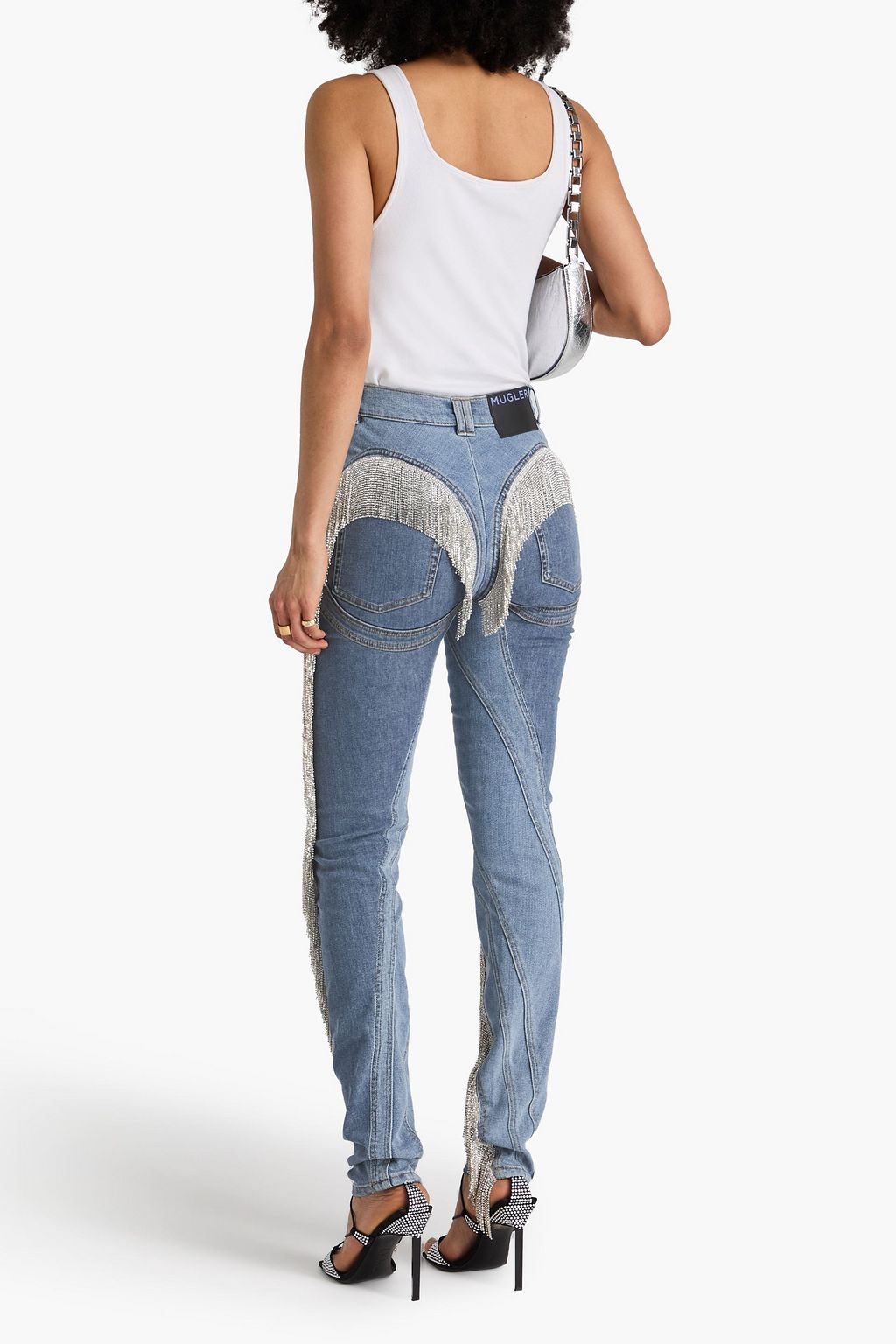 MUGLER Crystal-embellished paneled high-rise skinny jeans