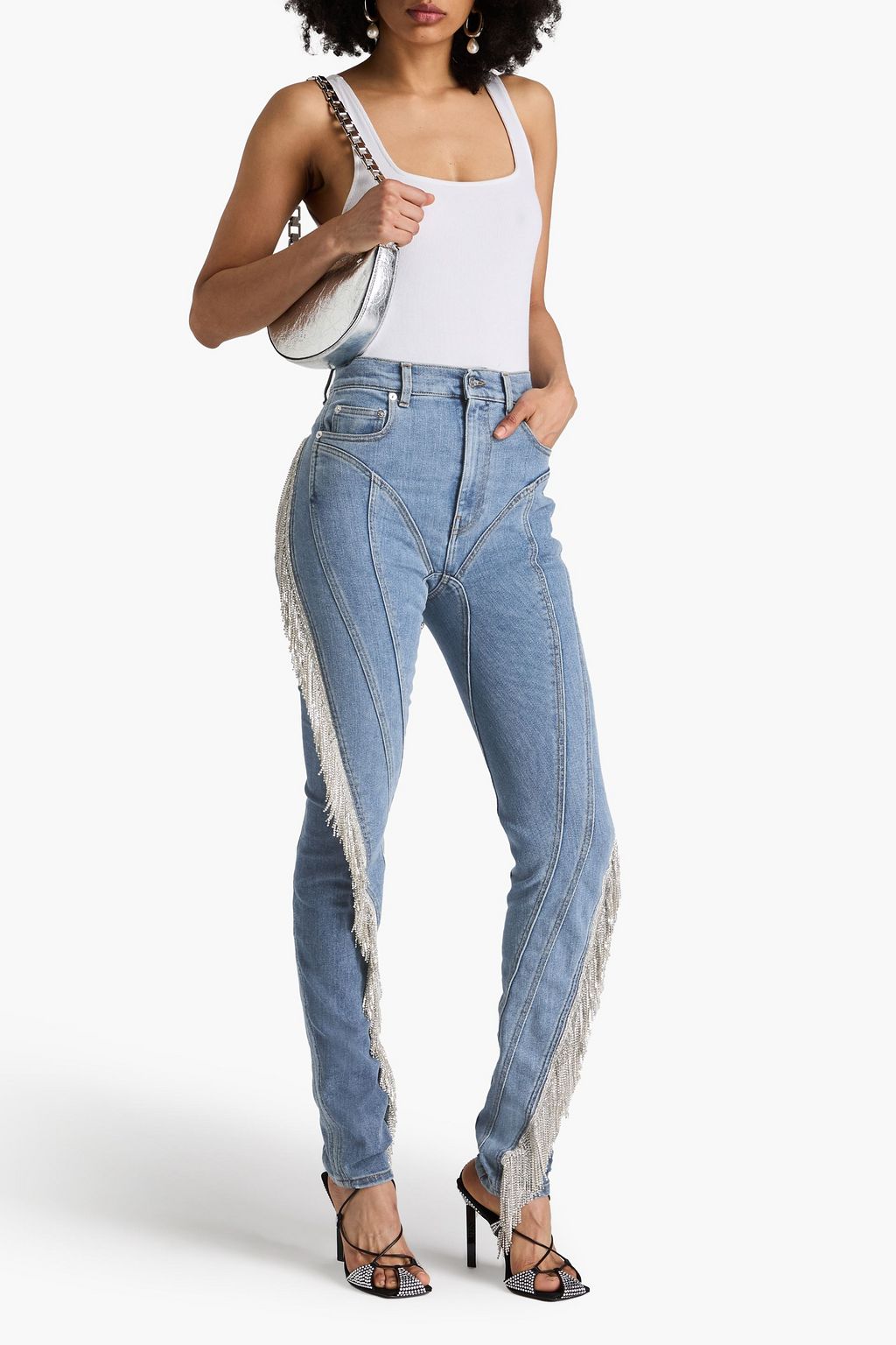 MUGLER Crystal-embellished paneled high-rise skinny jeans