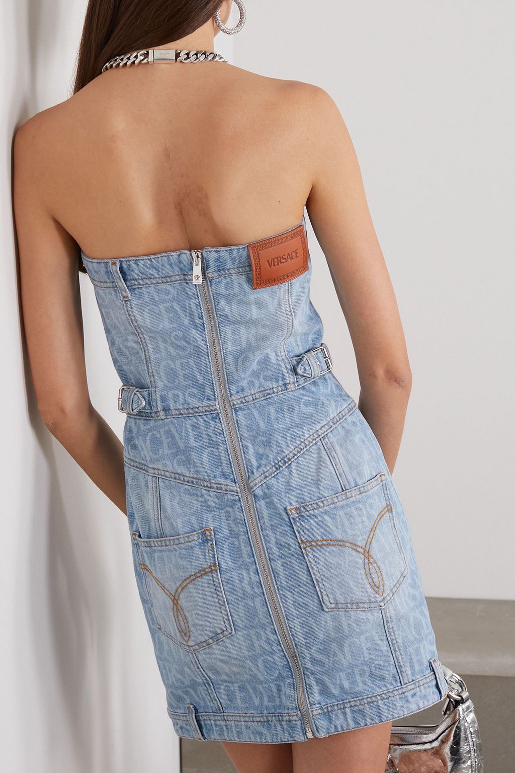 VERSACE + Dua Lipa printed denim mini dress