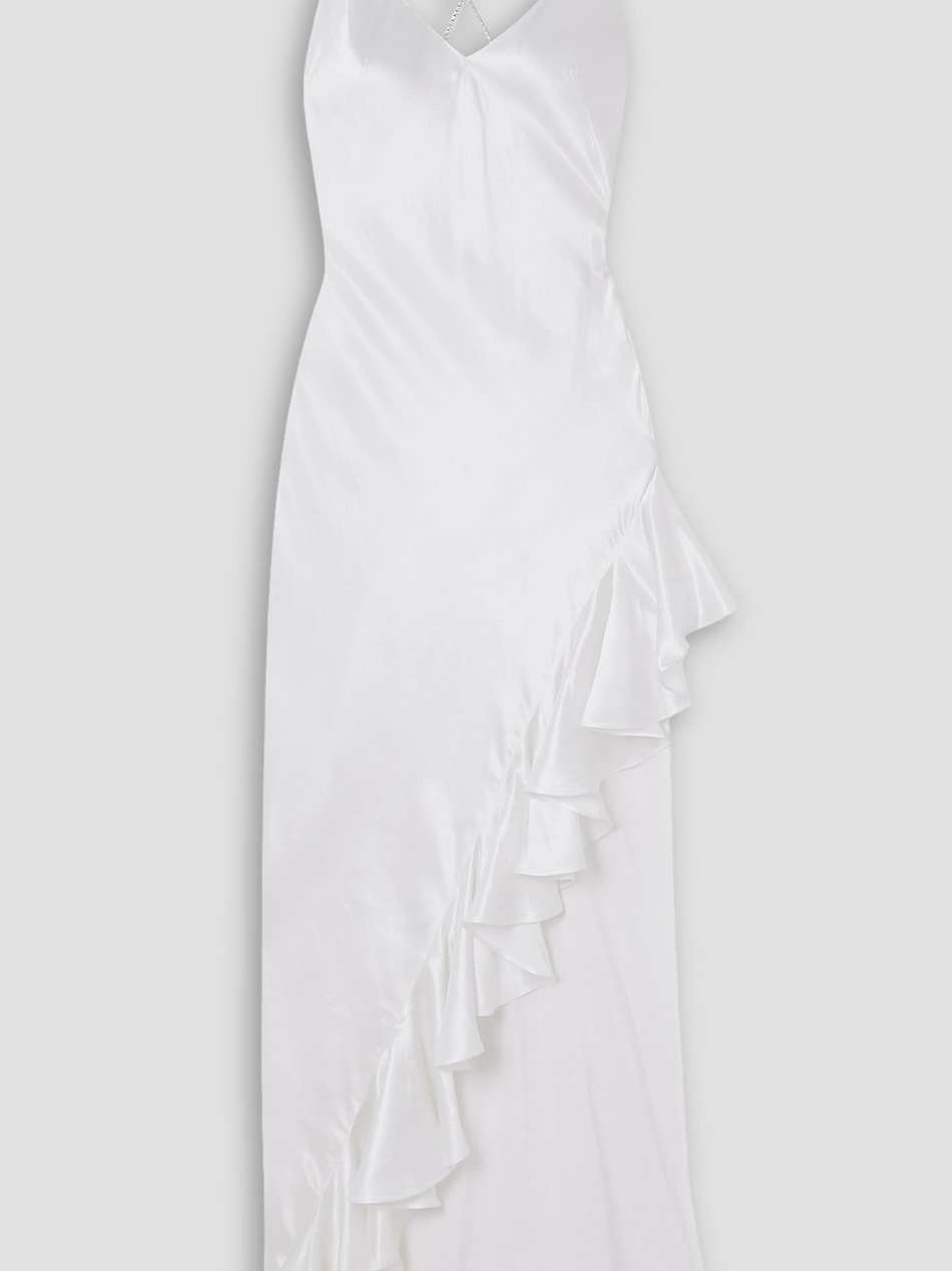 asymmetric open-back ruffled crystal-embellished silk-satin gown