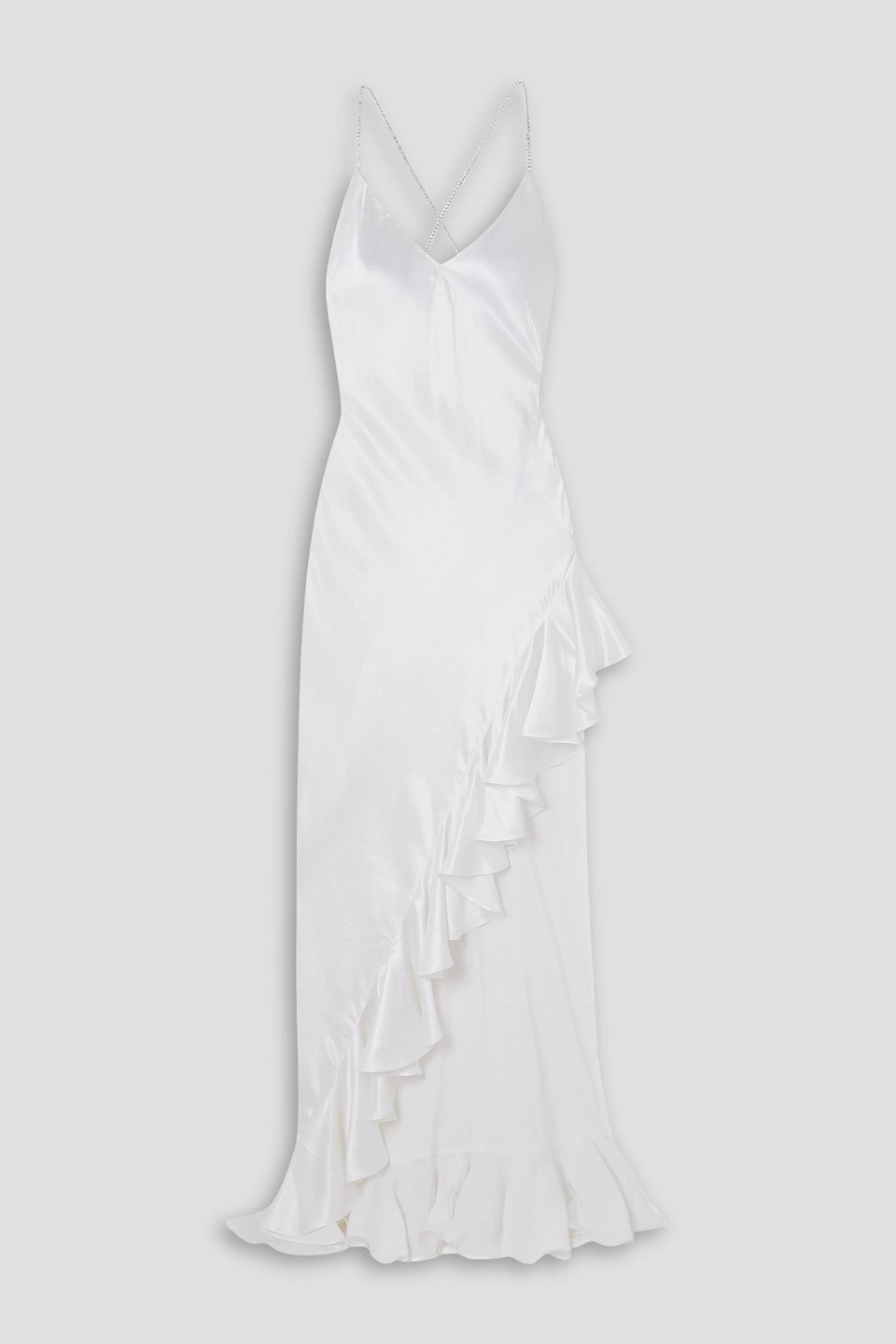 Michael Lo Sordo Asymmetric Open-back Ruffled Crystal-embellished Silk-satin Gown In White