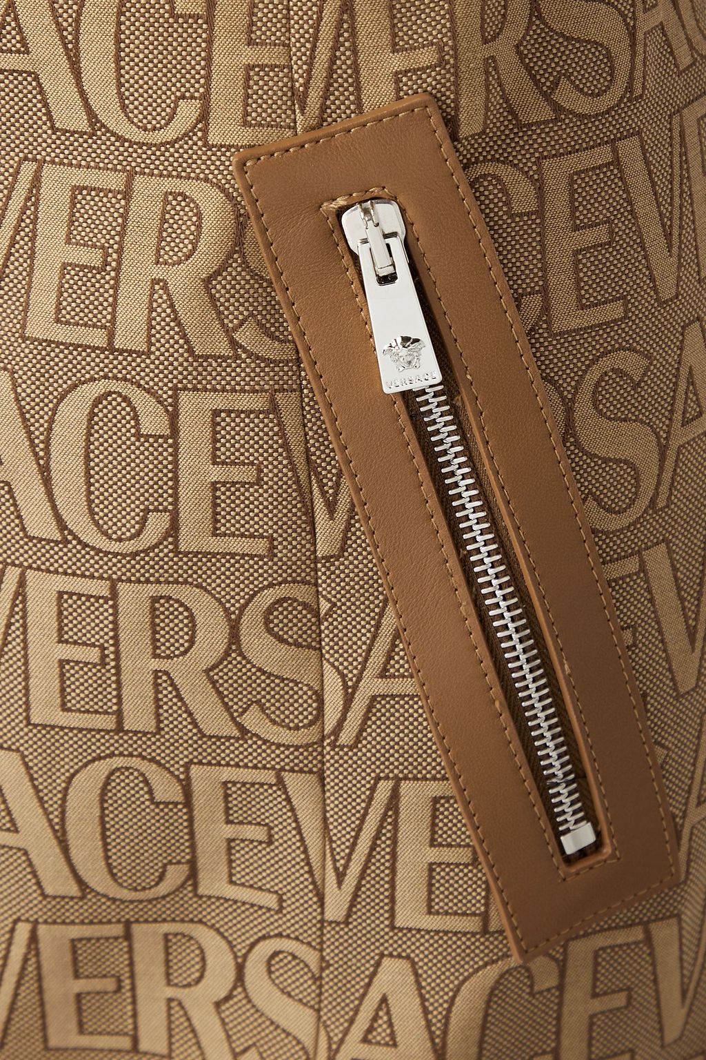 VERSACE Embellished leather-trimmed cutout canvas-jacquard mini dress