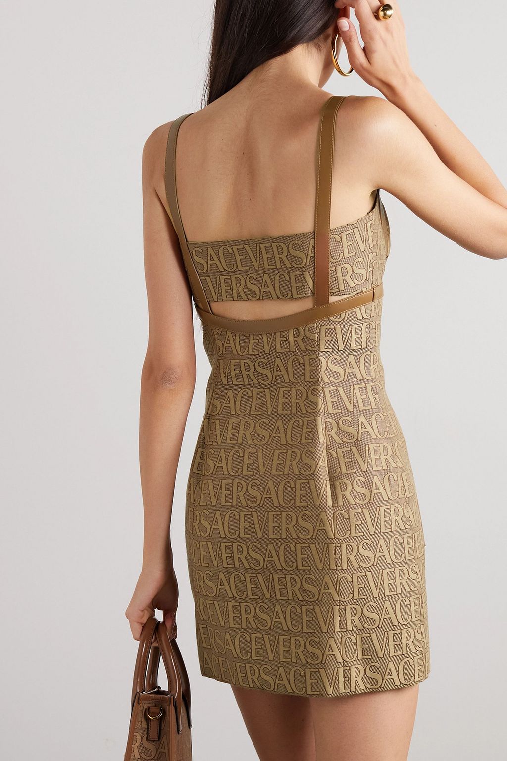 VERSACE Embellished leather-trimmed cutout canvas-jacquard mini dress
