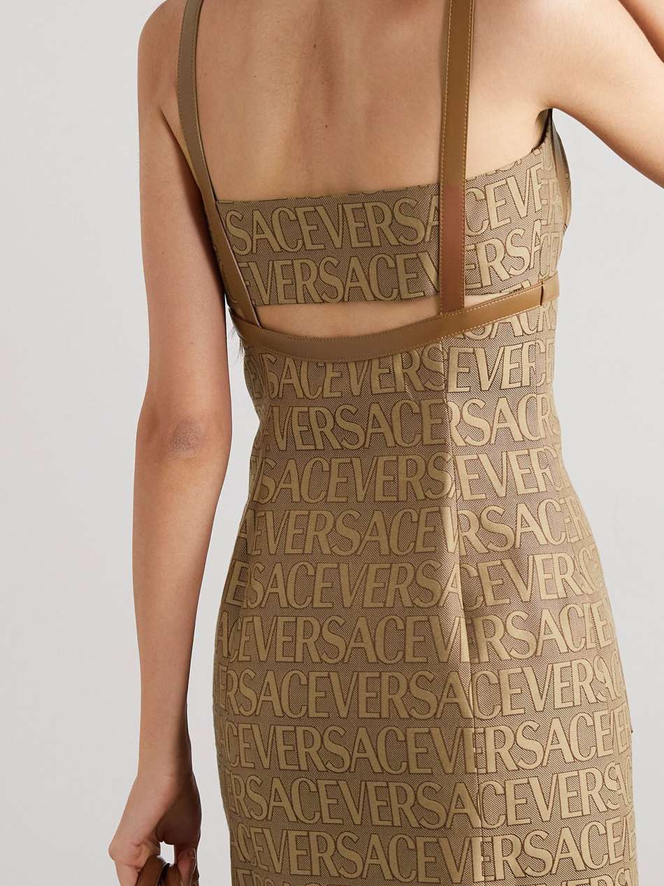 embellished leather-trimmed cutout canvas-jacquard mini dress