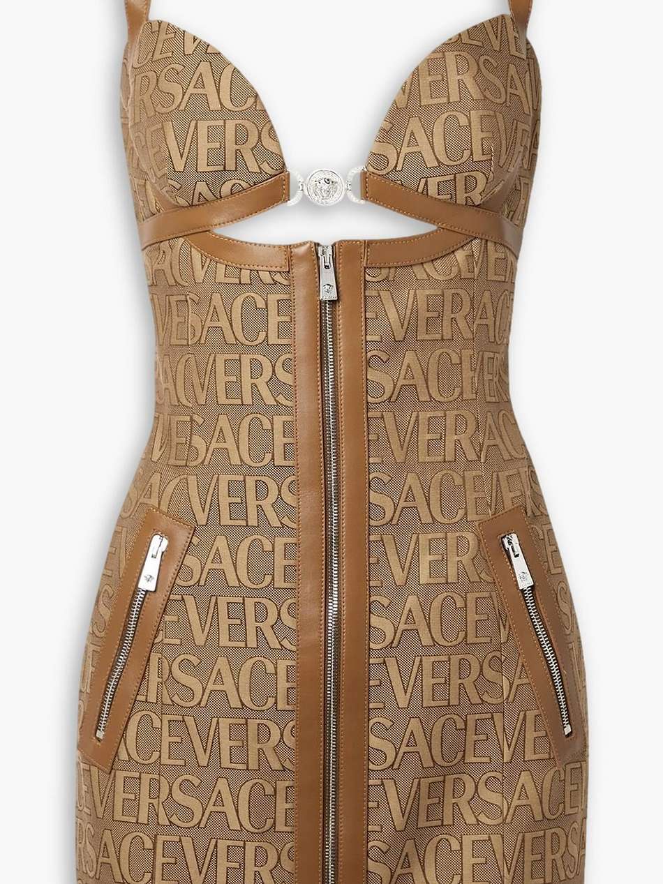 embellished leather-trimmed cutout canvas-jacquard mini dress