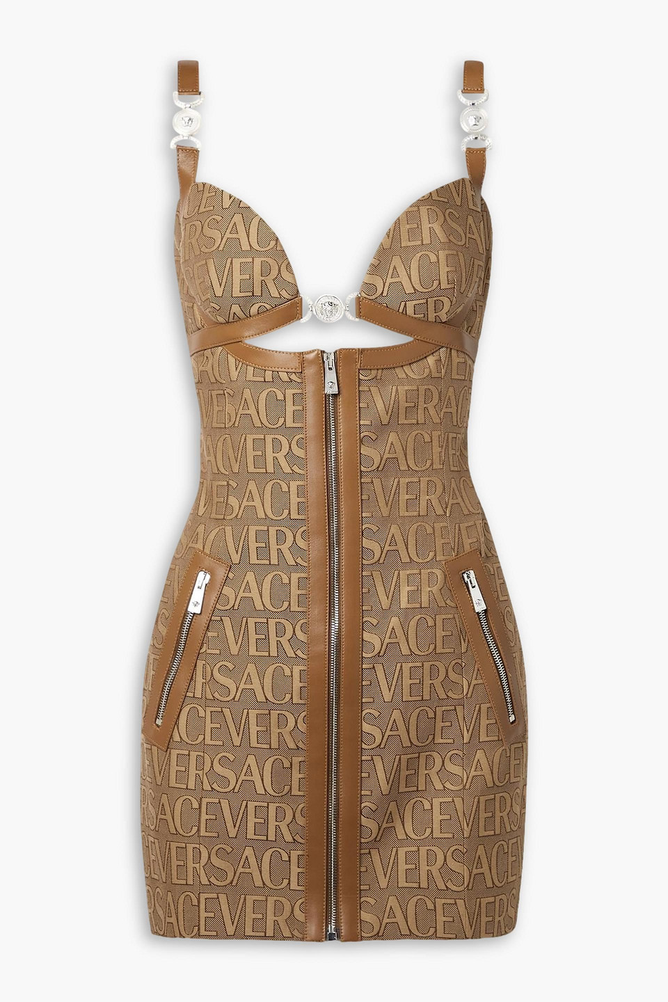 Versace Embellished Leather-trimmed Cutout Canvas-jacquard Mini Dress In Light Brown