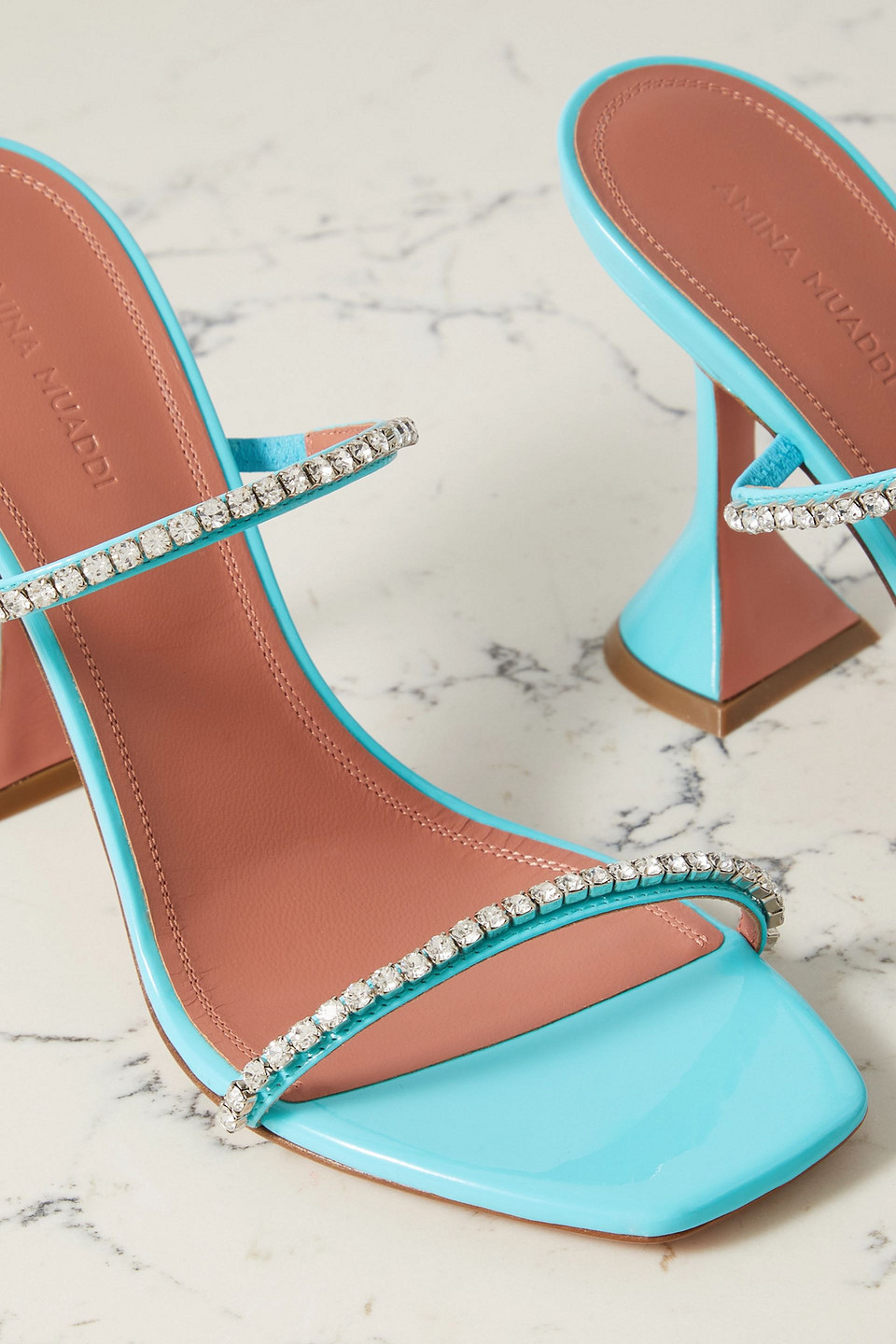 Shop Amina Muaddi Gilda Crystal-embellished Patent-leather Mules In Turquoise