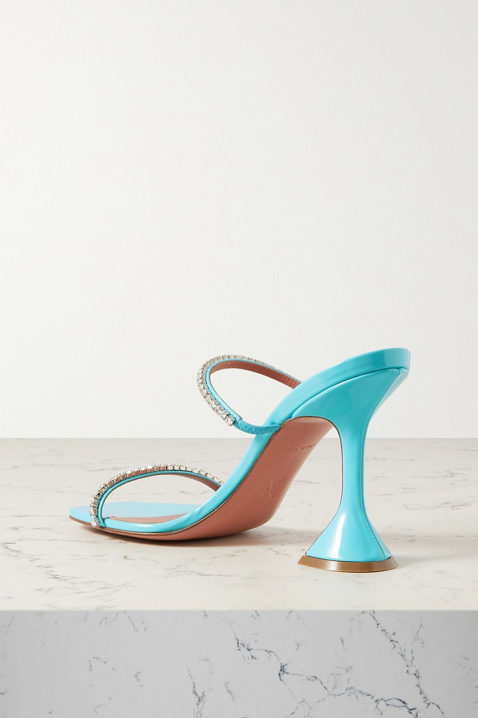 Shop Amina Muaddi Gilda Crystal-embellished Patent-leather Mules In Turquoise