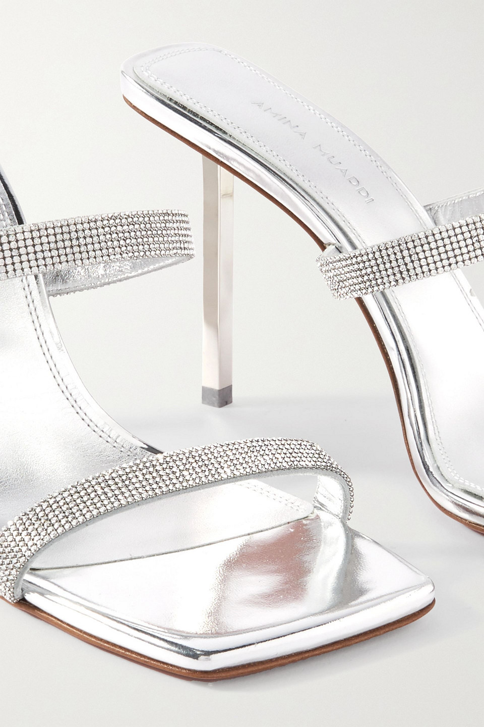 Amina Muaddi Rih Metallic Leather Stiletto Sandals In Silver