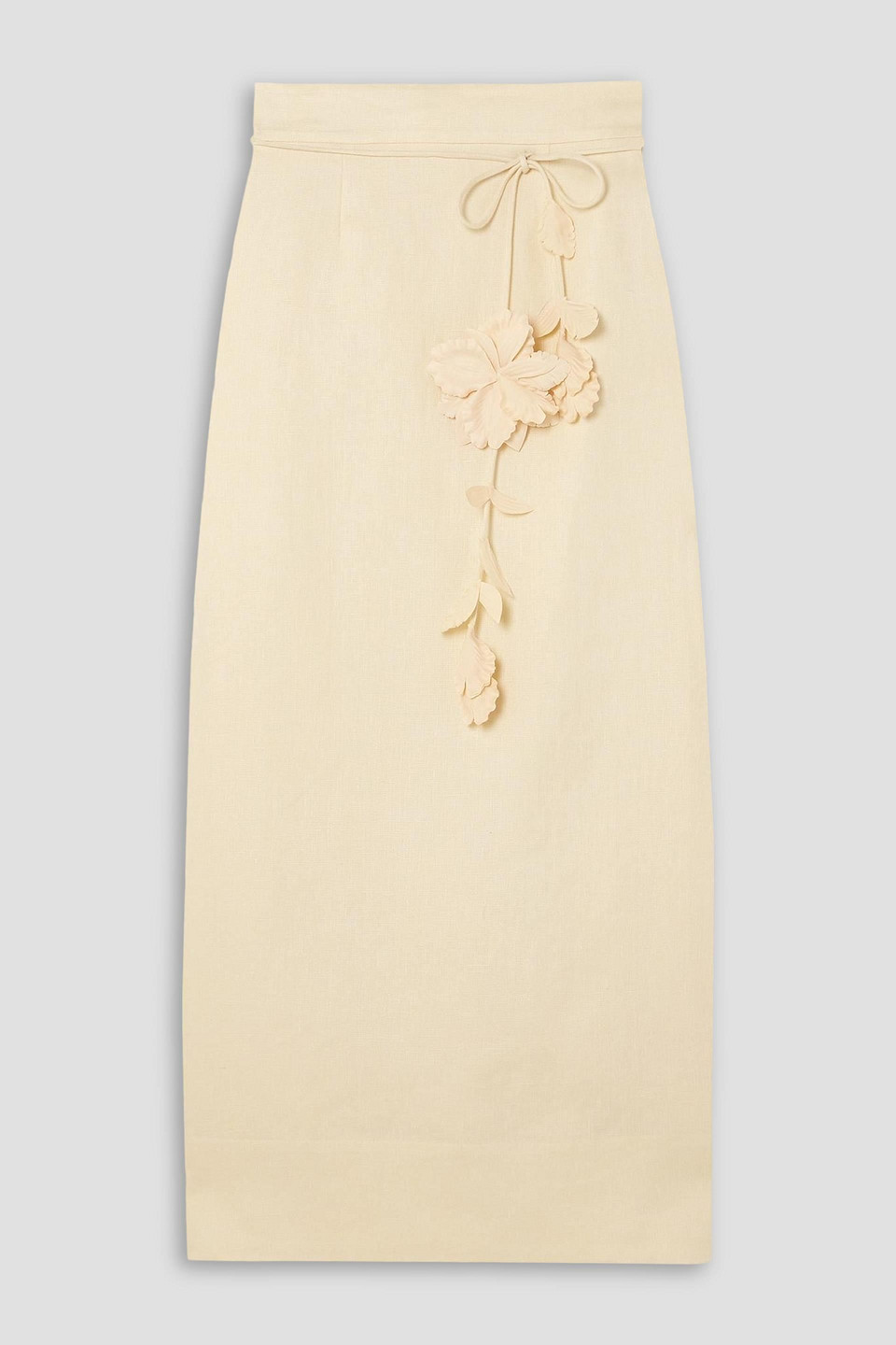 Zimmermann Luminosity Belted Appliquéd Linen Midi Skirt In Creme