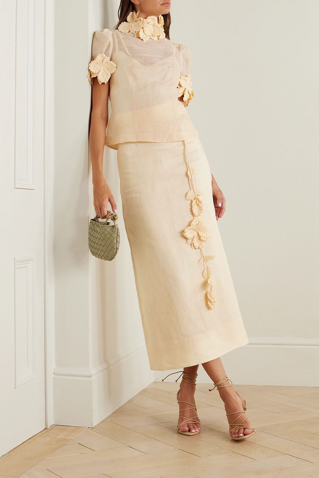ZIMMERMANN Luminosity belted appliquéd linen midi skirt