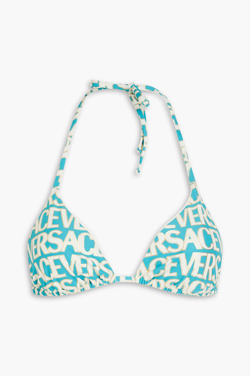 Versace Printed Metallic Triangle Halterneck Bikini Top In Teal