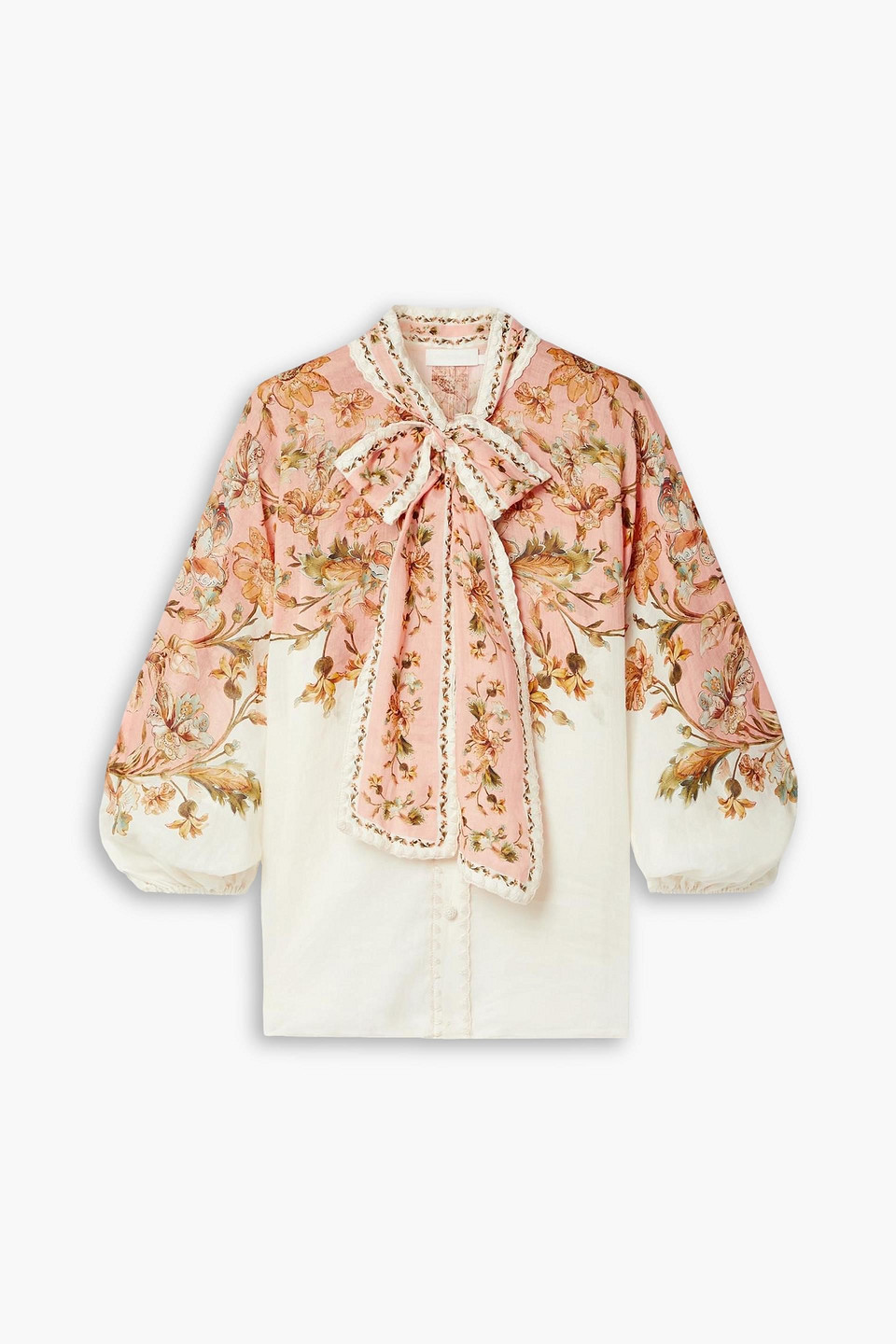 Zimmermann Chintz Embroidered Pussy-bow Floral-print Ramie Blouse In Altrosa