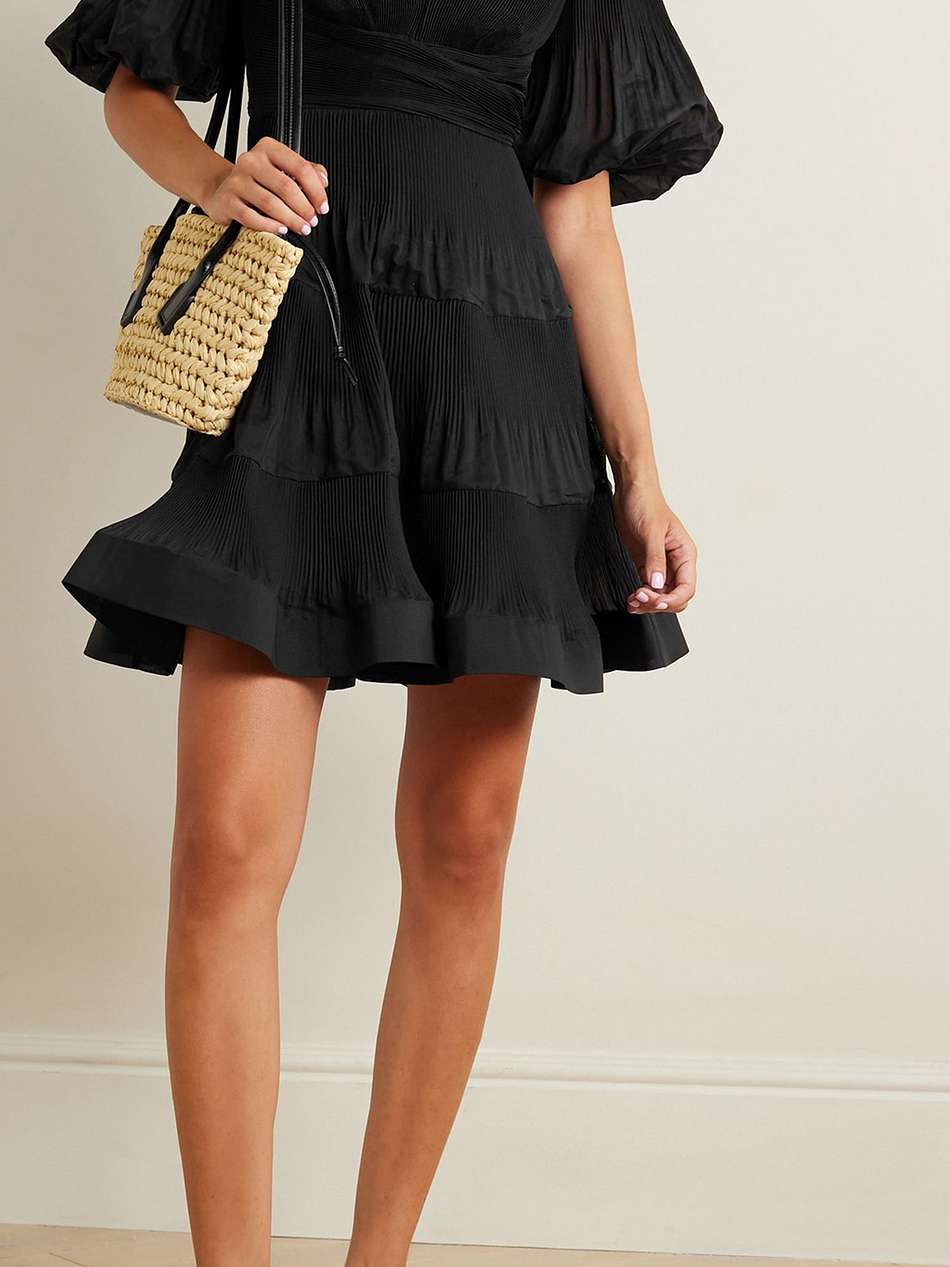 ruffled tiered plisse-chiffon mini dress