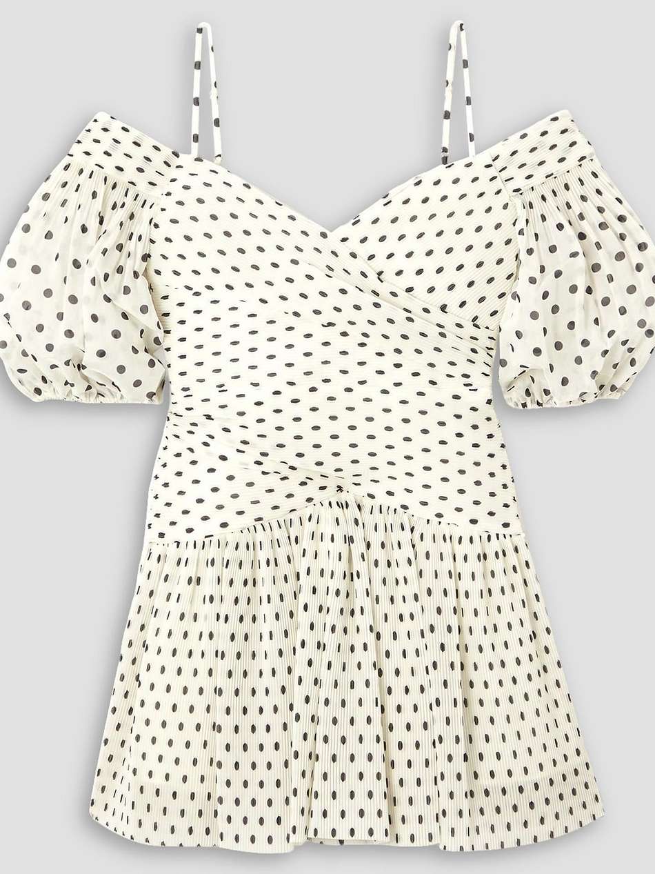 cold-shoulder polka-dot plissé-chiffon mini dress