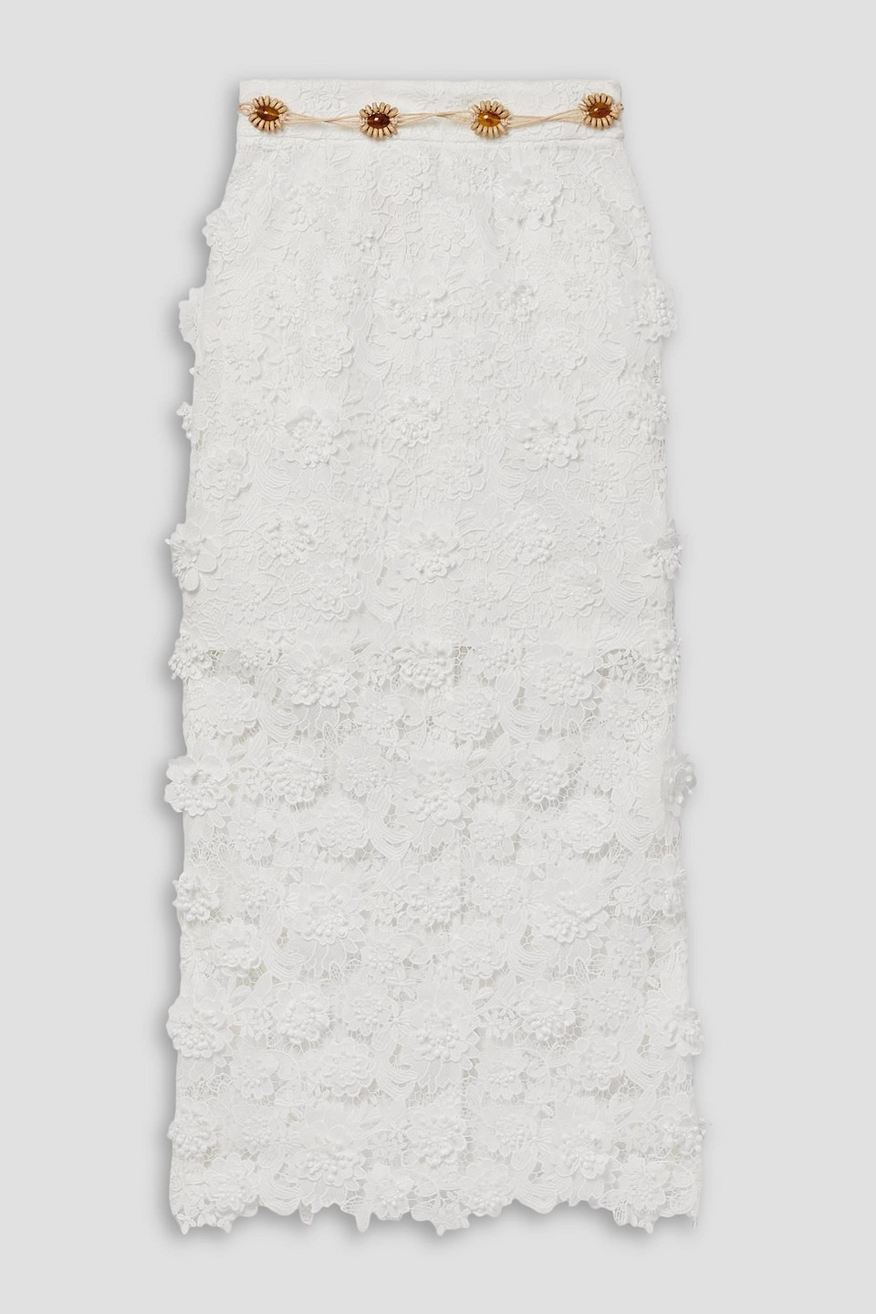 Zimmermann Raie Belted Guipure Lace Midi Skirt In Weiss