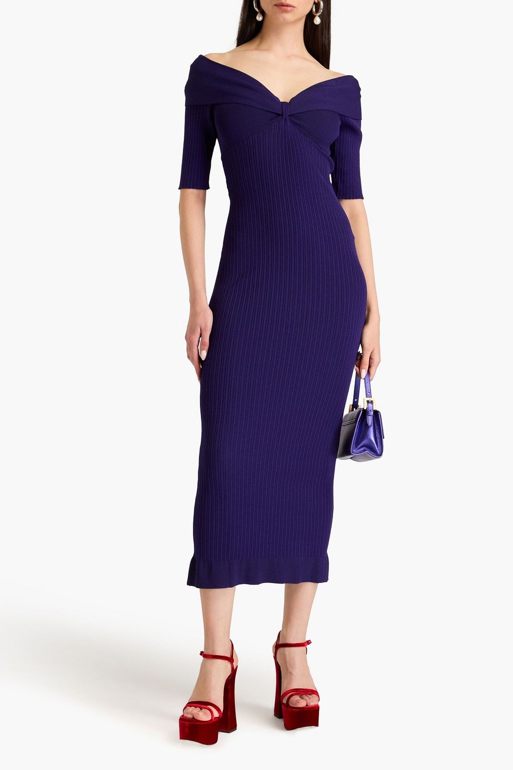 PHILOSOPHY DI LORENZO SERAFINI Off-the-shoulder ribbed-knit midi dress