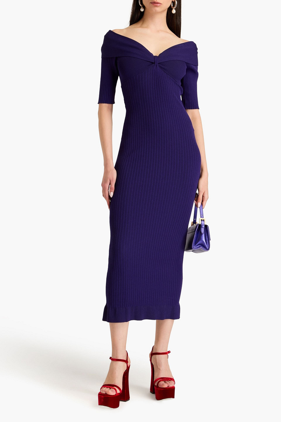 PHILOSOPHY DI LORENZO SERAFINI OFF-THE-SHOULDER RIBBED-KNIT MIDI DRESS 