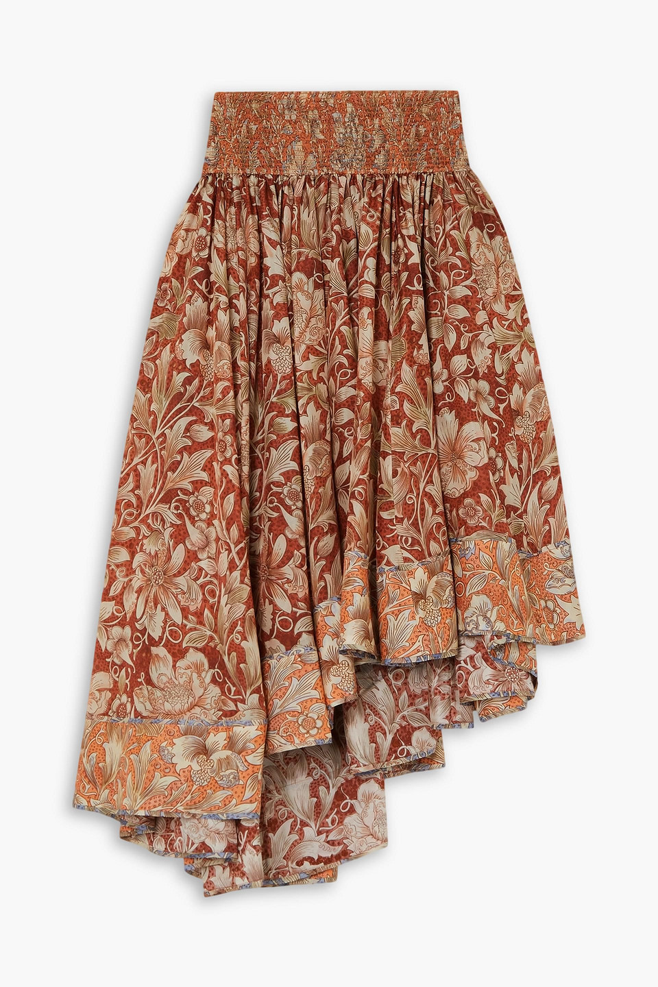 Zimmermann Chintz Asymmetric Floral-print Silk Crepe De Chine Midi Skirt In Ziegelrot