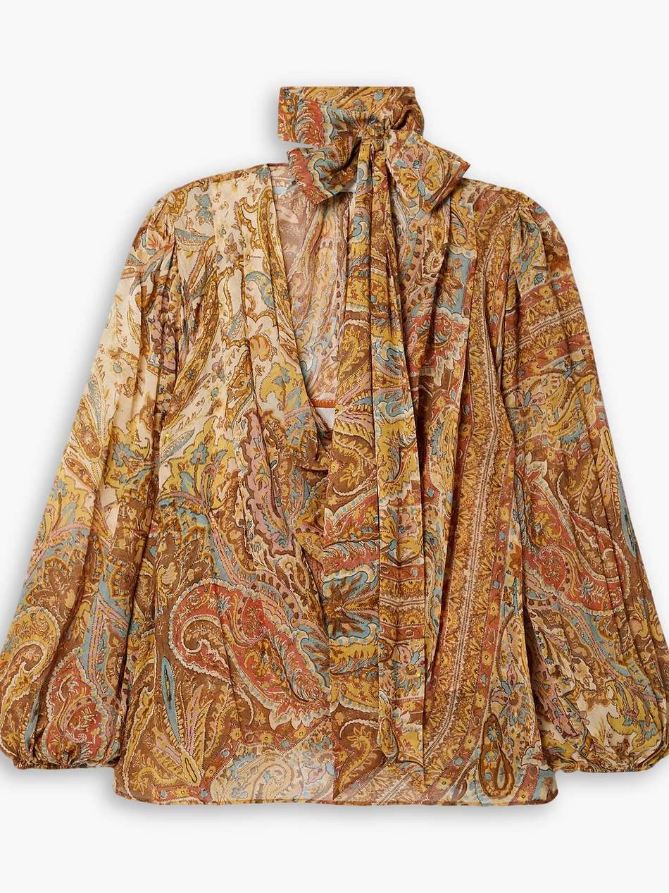 billow pussy-bow printed crepe de chine blouse