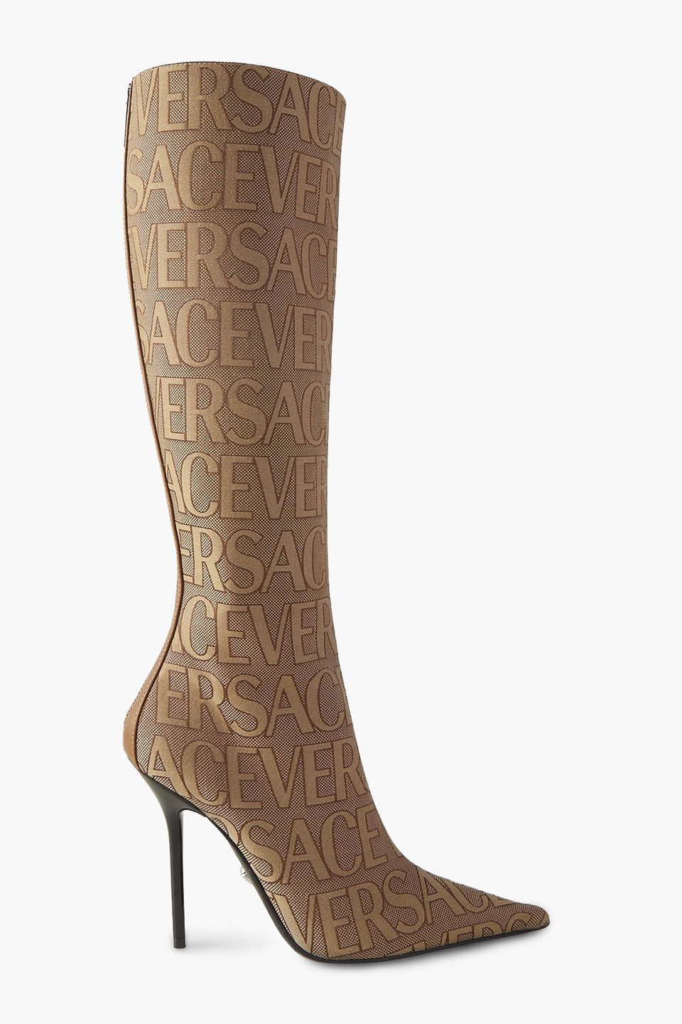 Versace Leather-trimmed Canvas-jacquard Knee Boots In Light Brown