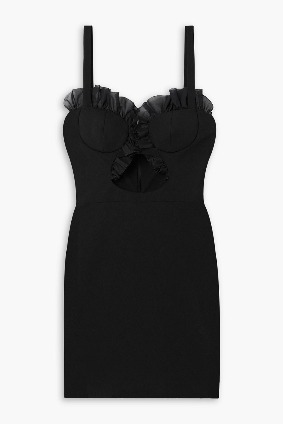 Cutout ruffled chiffon-trimmed crepe mini dress