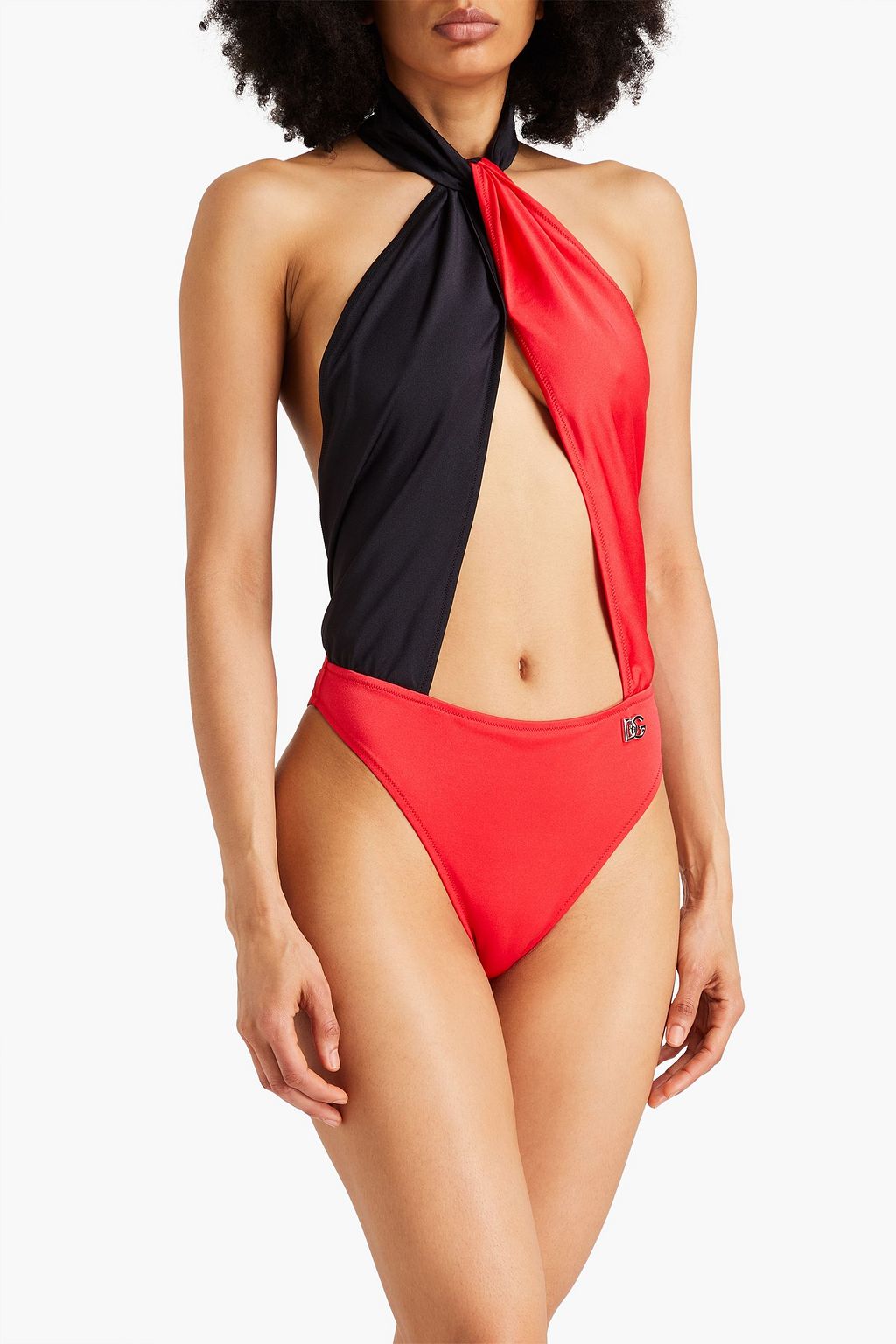 DOLCE&GABBANA BEACHWEAR لباس سباحة بحمالة عنق من لونين وبأجزاء مقصوصة