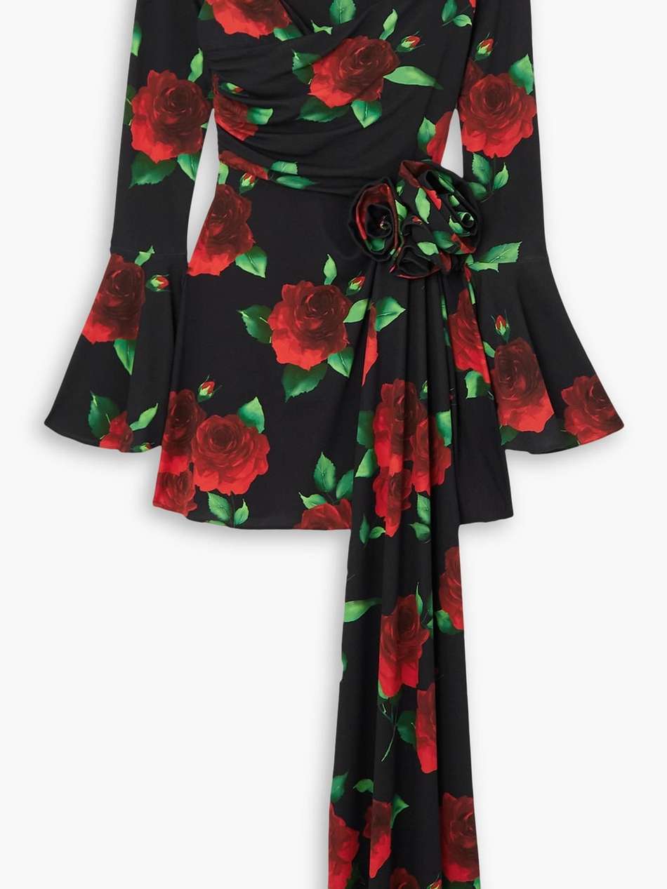 off-the-shoulder appliquéd floral-print stretch-crepe mini dress