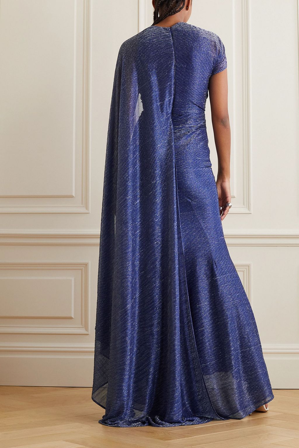 TALBOT RUNHOF Asymmetric cape-effect metallic voile gown