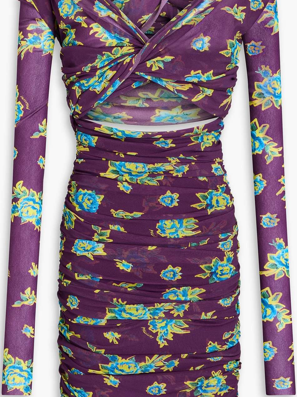 cutout twisted floral-print tulle mini dress