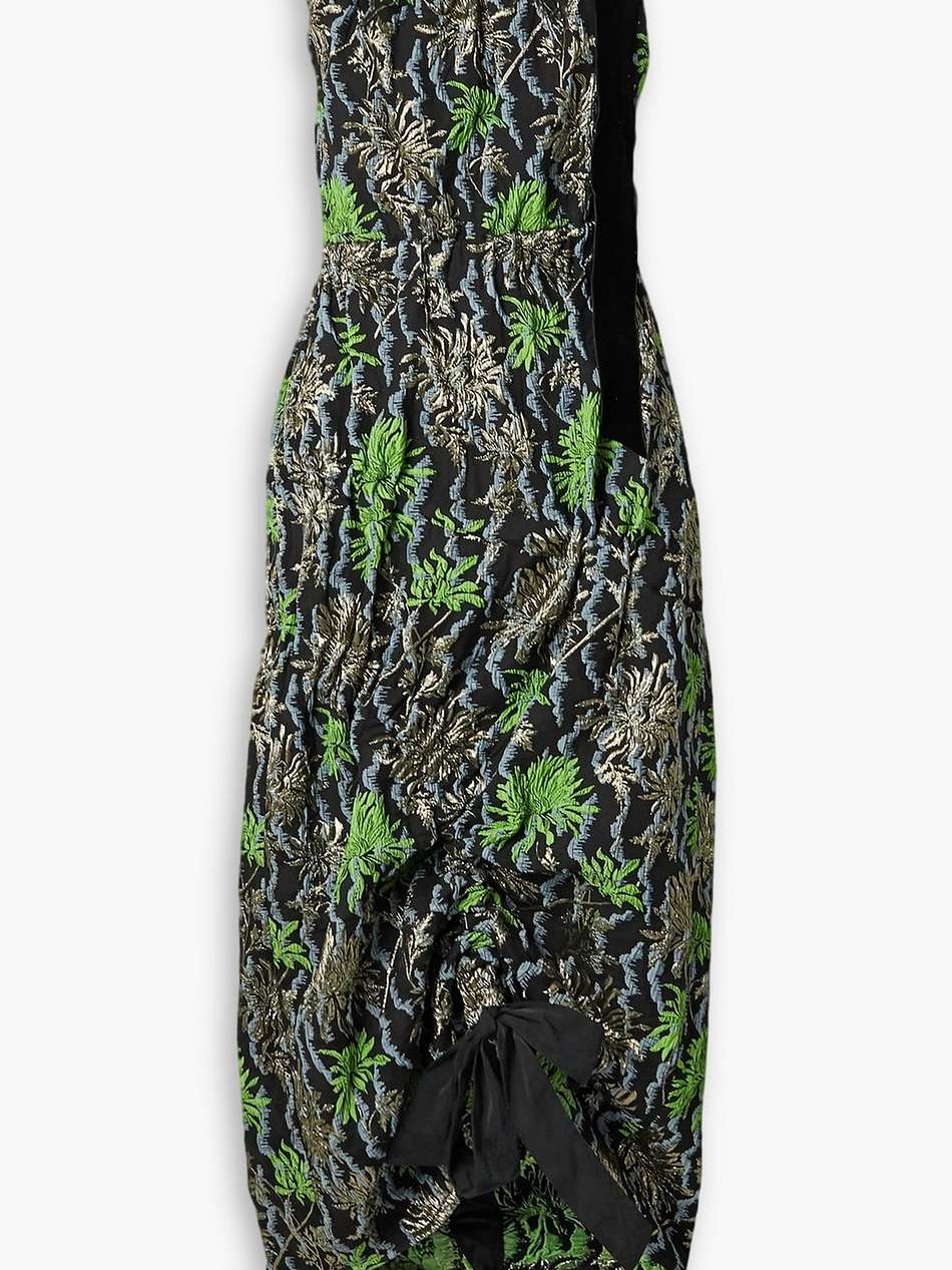 asymmetric velvet-trimmed metallic cloqué-jacquard dress