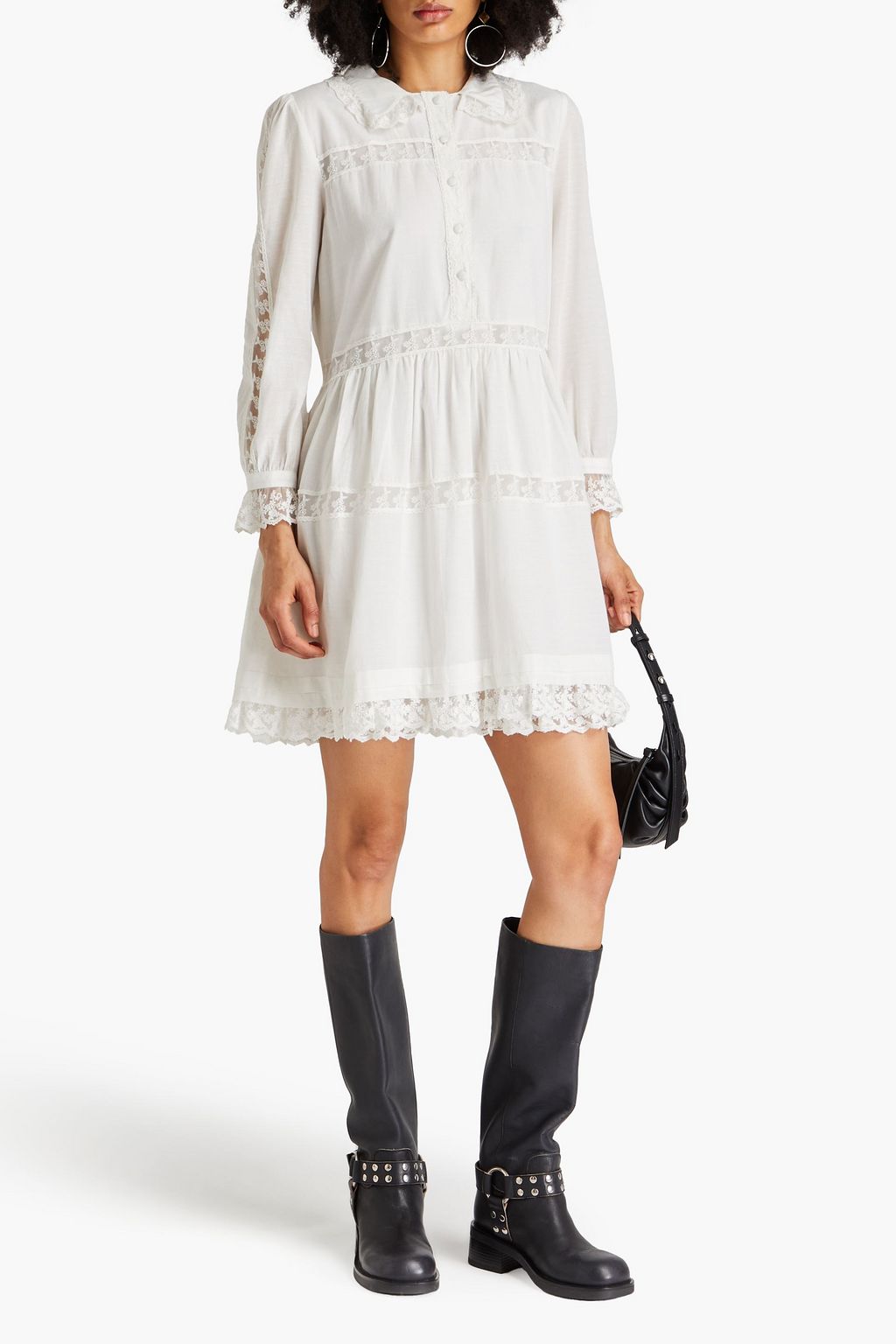 PHILOSOPHY DI LORENZO SERAFINI Lace-trimmed cotton-blend Swiss-dot mini shirt dress