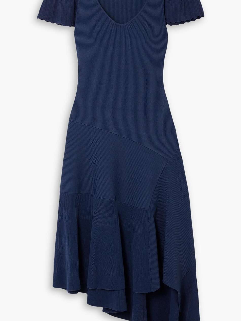 cold-shoulder asymmetric ribbed-knit midi dress