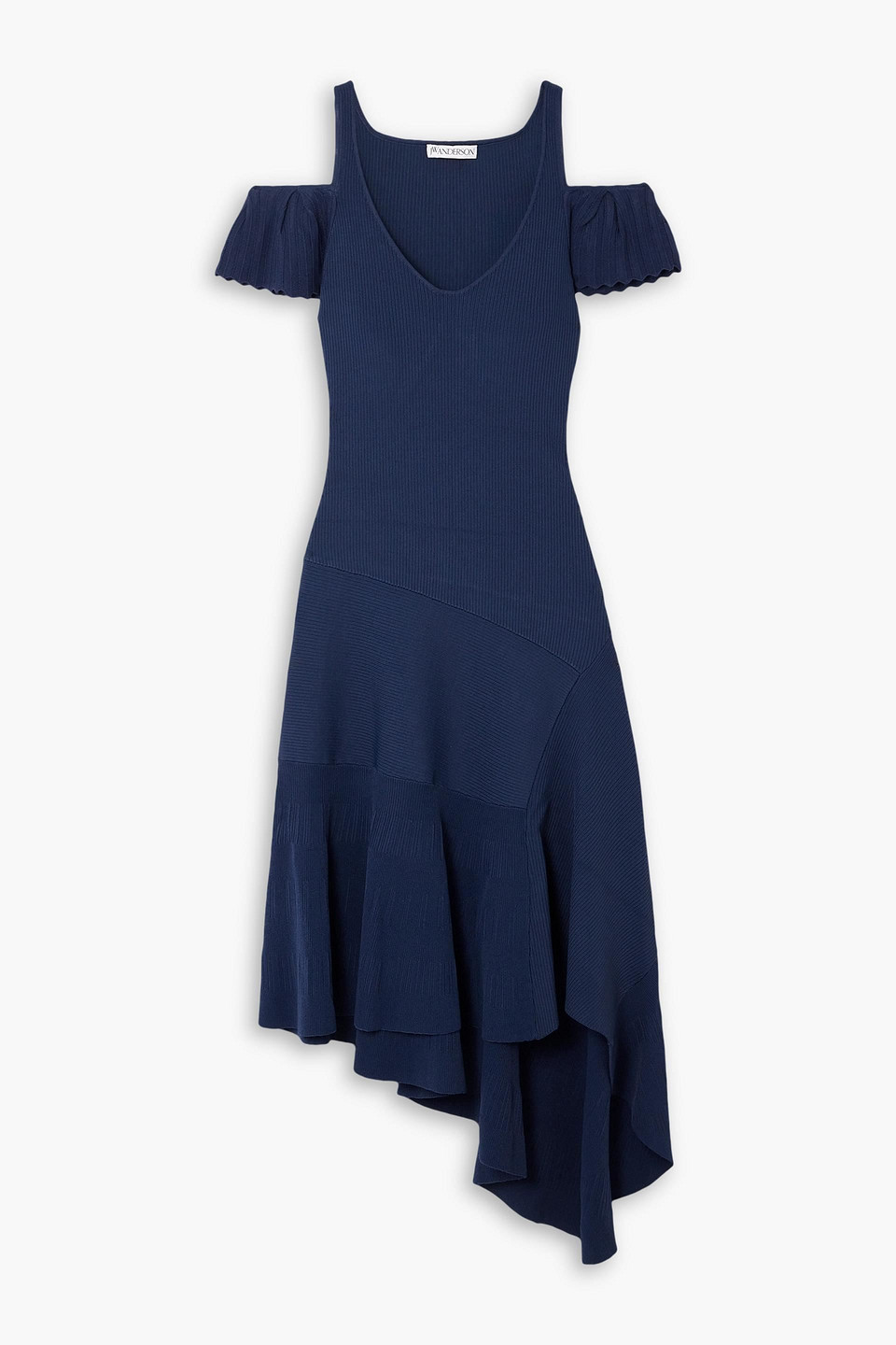 Cold-shoulder asymmetric ribbed-knit midi dress