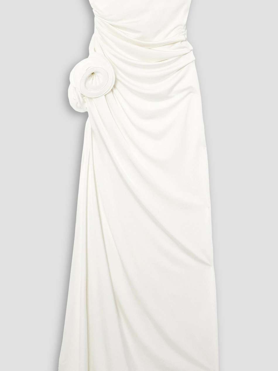 strapless appliquéd ruched stretch-jersey gown