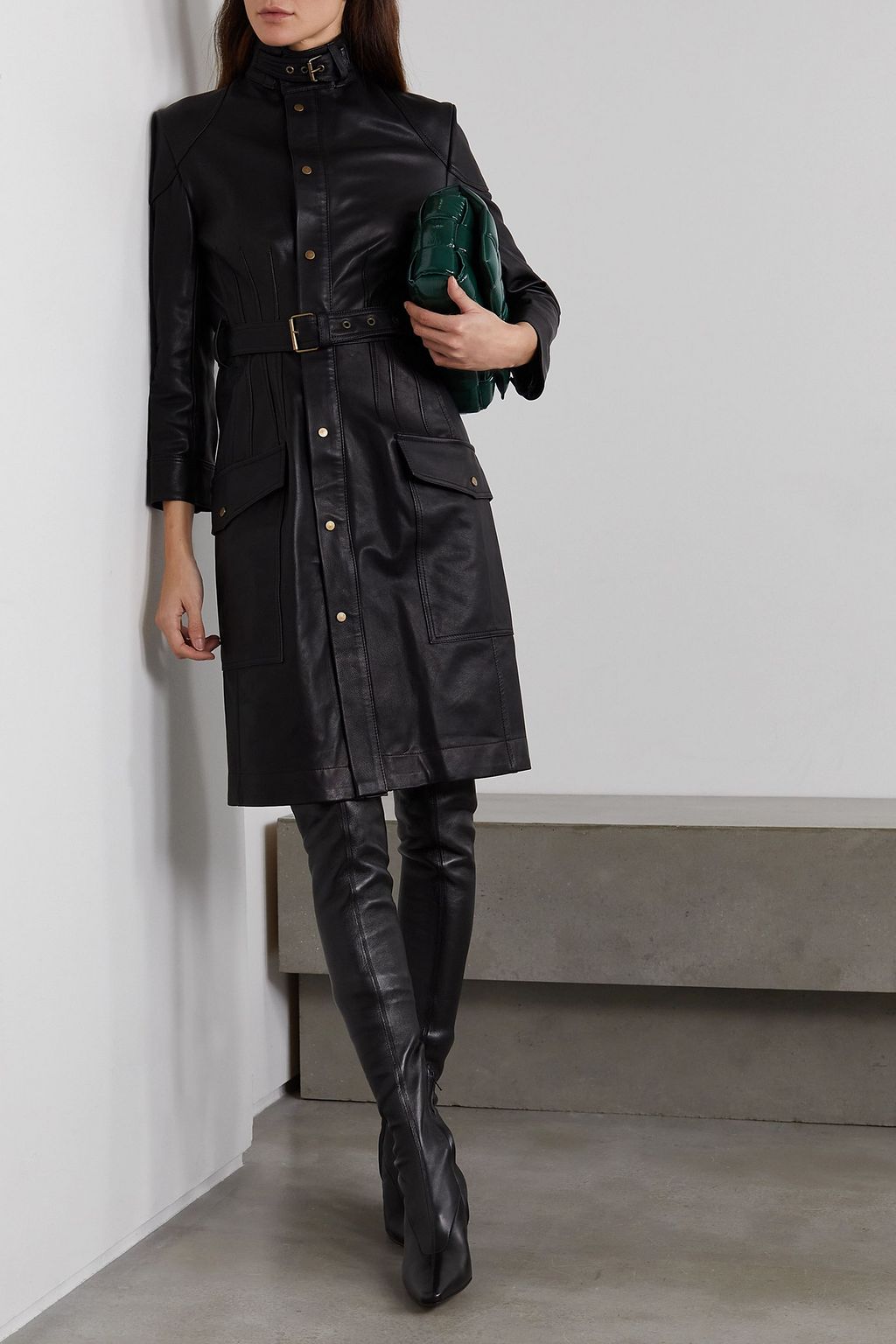 PETAR PETROV Mars belted topstitched leather midi dress