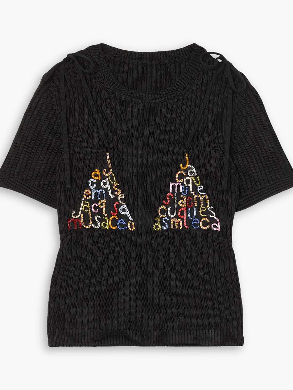 cropped embellished ribbed cotton-blend top