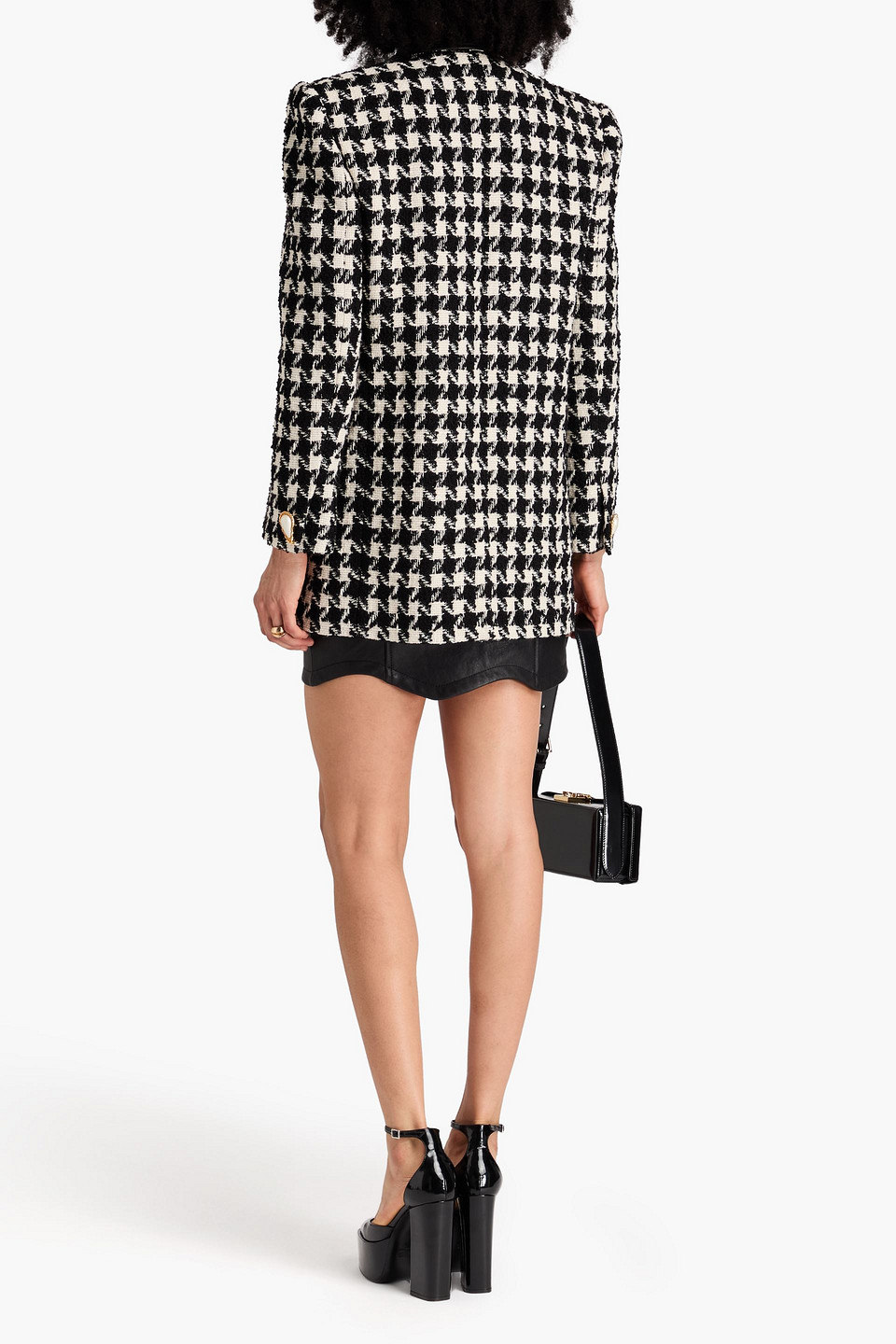 Moschino Double-breasted Houndstooth Wool-blend Tweed Blazer In Black